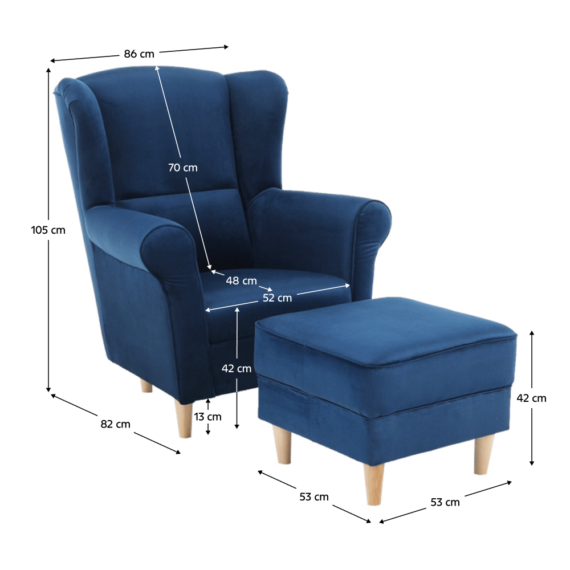 Füles fotel puffal, szövet kék, ASTRID