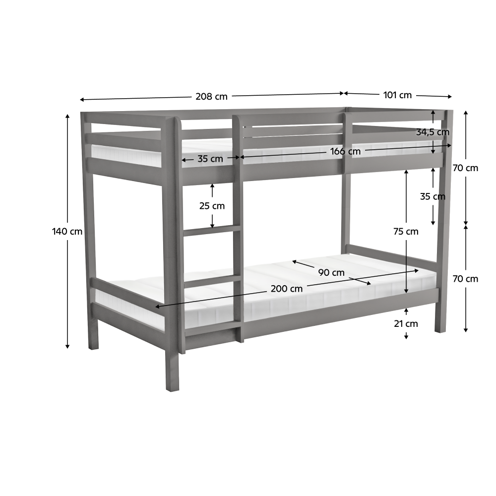 Emeletes ágy, 90x200, tömör fa, szürke, INEZA - Image 8