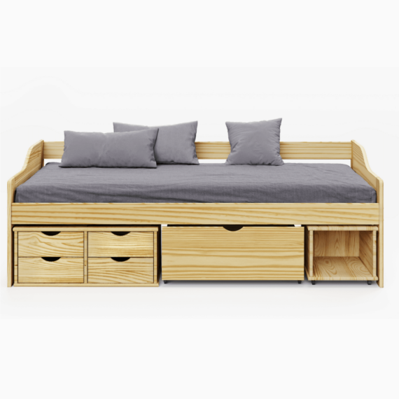 Ágy tárolóhellyel, természetes, tömörfa, 90x200, MAXI NEW