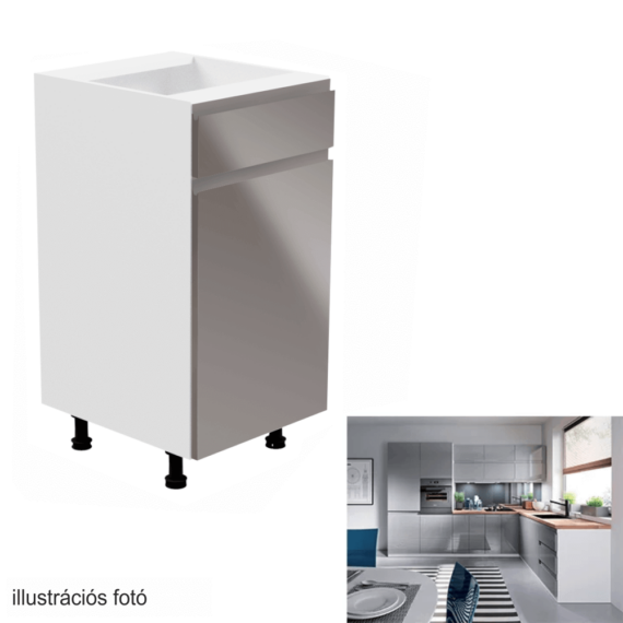 Alsószekrény, fehér/szürke extra magasfényű, jobbos, AURORA D40S1