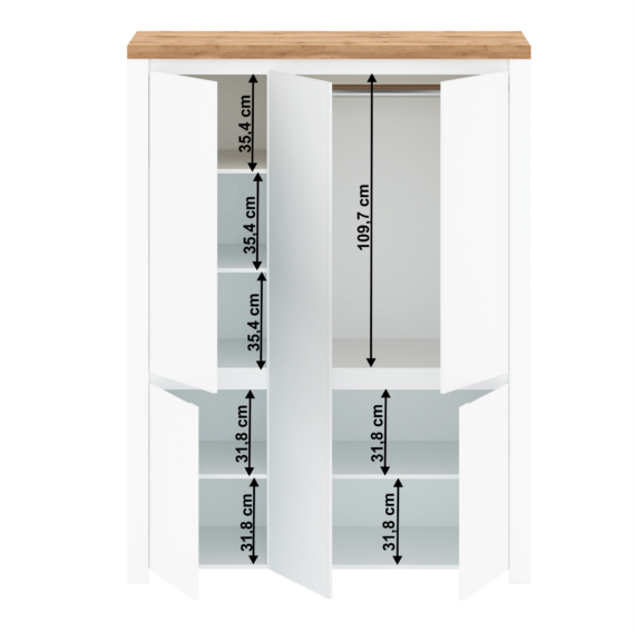 Szekrény 5D tükörrel, fényes fehér/wotan tölgy, VILGO