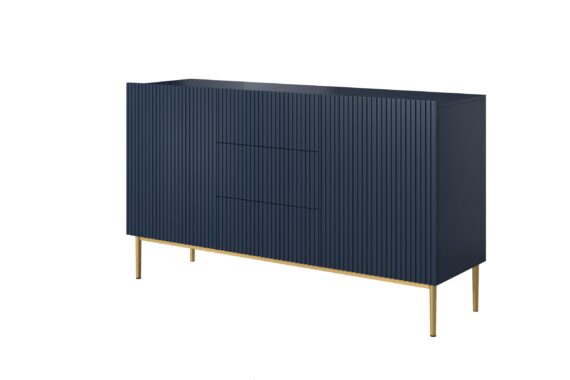 Nicole komód 150 cm, három fiókkal - sötétkék MDF / aranyozott lábakkal